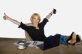 Isolated corporate business portrait of young beautiful and happy woman with blonde hair working relaxed at office laptop computer Royalty Free Stock Photo