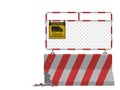 Isolated cracked barrier with warning sign on white background