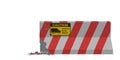 Isolated cracked barrier with warning sign on white background