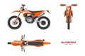 Isolated cross motorcycle. 3D orange motorbike. Front, side, top view of motocross cycle. Extreme motorbik draw Royalty Free Stock Photo