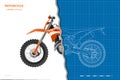 Isolated cross motorcycle drawing. 3D orange motorbike. Front, side, top view of motocross cycle. Extreme outline draw