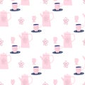 Isolated cups and teapots silhouettes seamless pattern. White background with pink color ornament