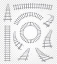 Isolated curvy and straight rails set, railway top view collection, ladder elements vector illustrations on white