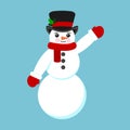 Isolated cute cartoon snowman in scarve, mittens and hat with mistletoe in flat style