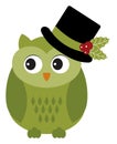 Isolated Cute Christmas Green Owl Wearing Hat with Holly. Vector Xmas Owl