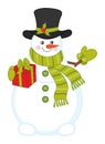 Cute Christmas Snowman Wearing Gentleman Top Hat Holding Gift Box. Vector Happy Xmas Snowman