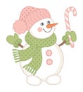 Cute Christmas Snowman Wearing Pink Hat and Green Scarf Holding Candy Stick. Vector Xmas Snowman Royalty Free Stock Photo