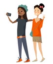 Isolated cute diverse girls taking a selfie. a hispanic black girl wearing casual clothing, belt and hat, holding a smartphone.