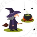 Isolated cute funny cartoon witch with cauldron on white background. Halloween illustration. Royalty Free Stock Photo