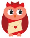 Cute Little Red Owl with Bow Holding Envelope with Heart Image. Vector Cute Owl