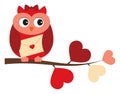 Cute Red Owl Sitting On Branch with Heart Shaped Leaves and Holding Envelope. Vector Cute Owl Royalty Free Stock Photo