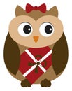 Cute Owl with Bow Holding Christmas Card. Vector Cute Christmas Owl