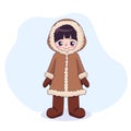 Isolated cute smiling Eskimo kid drawing. Kawaii little girl in winter clothes cartoon clipart. Royalty Free Stock Photo