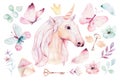 Isolated cute watercolor unicorn clipart with flowers. Nursery unicorns illustration. Princess rainbow poster. Trendy