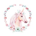 Isolated cute watercolor unicorn clipart with flowers. Nursery unicorns illustration. Princess rainbow poster. Trendy