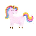 Isolated cute watercolor unicorn clipart. Nursery unicorns illustration. Princess unicorns poster. Trendy pink cartoon horse. Royalty Free Stock Photo