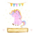 Isolated cute watercolor unicorn clipart. Nursery unicorns illustration. Princess unicorns poster. Trendy pink cartoon horse. Royalty Free Stock Photo