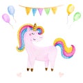 Isolated cute watercolor unicorn clipart. Nursery unicorns illustration. Princess unicorns poster. Trendy pink cartoon horse. Royalty Free Stock Photo