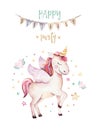 Isolated cute watercolor unicorn clipart. Nursery unicorns illustration. Princess rainbow unicorns poster. Trendy pink Royalty Free Stock Photo