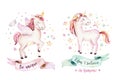 Isolated cute watercolor unicorn clipart. Nursery unicorns illustration. Princess rainbow unicorns poster. Trendy pink Royalty Free Stock Photo