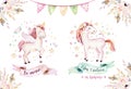 Isolated cute watercolor unicorn clipart. Nursery unicorns illustration. Princess rainbow unicorns poster. Trendy pink Royalty Free Stock Photo