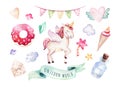 Isolated cute watercolor unicorn clipart. Nursery unicorns illustration. Princess rainbow unicorns poster. Trendy pink Royalty Free Stock Photo