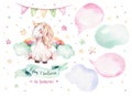 Isolated cute watercolor unicorn clipart. Nursery unicorns illustration. Princess rainbow unicorns poster. Trendy pink Royalty Free Stock Photo