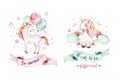 Isolated cute watercolor unicorn clipart. Nursery unicorns illustration. Princess rainbow unicorns poster. Trendy pink Royalty Free Stock Photo