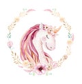 Isolated cute watercolor unicorn clipart with flowers. Nursery unicorns illustration. Princess rainbow poster. Trendy