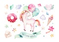 Isolated cute watercolor unicorn clipart. Nursery unicorns illustration. Princess rainbow unicorns poster. Trendy pink Royalty Free Stock Photo