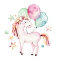 Isolated cute watercolor unicorn clipart. Nursery unicorns illustration. Princess rainbow unicorns poster. Trendy pink