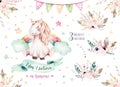 Isolated cute watercolor unicorn clipart. Nursery unicorns illustration. Princess rainbow unicorns poster. Trendy pink Royalty Free Stock Photo