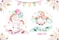 Isolated cute watercolor unicorn clipart. Nursery unicorns illustration. Princess rainbow unicorns poster. Trendy pink