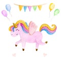 Isolated cute watercolor unicorn clipart. Nursery unicorns illustration. Princess unicorns poster. Trendy pink cartoon horse. Royalty Free Stock Photo