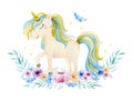 Isolated cute watercolor unicorn and flowers clipart. Nursery unicorns illustration. Princess unicorns poster. Trendy cartoon Royalty Free Stock Photo