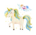 Isolated cute watercolor unicorn and flowers clipart. Nursery unicorns illustration. Princess unicorns poster. Trendy Royalty Free Stock Photo