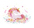 Isolated cute watercolor unicorn and flowers clipart. Nursery unicorns illustration. Princess unicorns poster. Trendy Royalty Free Stock Photo