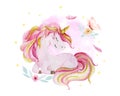 Isolated cute watercolor unicorn and flowers clipart. Nursery unicorns illustration. Princess unicorns poster. Trendy Royalty Free Stock Photo