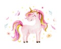 Isolated cute watercolor unicorn and flowers clipart. Nursery unicorns illustration. Princess unicorns poster. Trendy Royalty Free Stock Photo