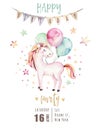 Isolated cute watercolor unicorn invitation card. Nursery unicorns illustration. Princess rainbow unicorns poster