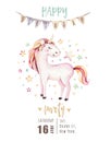 Isolated cute watercolor unicorn invitation card. Nursery unicorns illustration. Princess rainbow unicorns poster