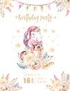 Isolated cute watercolor unicorn invitation card. Nursery unicorns illustration. Princess rainbow unicorns poster