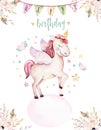 Isolated cute watercolor unicorn invitation card. Nursery unicorns illustration. Princess rainbow unicorns poster