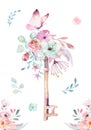 Isolated cute watercolor unicorn keys clipart with flowers. Nursery unicorns key illustration. Princess rainbow poster Royalty Free Stock Photo