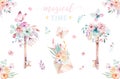 Isolated cute watercolor unicorn keys clipart with flowers. Nursery unicorns key illustration. Princess rainbow poster Royalty Free Stock Photo