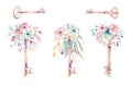 Isolated cute watercolor unicorn keys clipart with flowers. Nursery unicorns key illustration. Princess rainbow poster Royalty Free Stock Photo