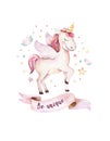 Isolated cute watercolor unicorn kids poster. Nursery unicorns illustration. Princess unicorns drawing. Trendy pink