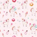 Isolated cute watercolor unicorn pattern. Nursery rainbow unicorns aquarelle. Princess unicornscollection. Trendy pink