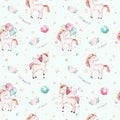 Isolated cute watercolor unicorn pattern. Nursery rainbow unicorns aquarelle. Princess unicornscollection. Trendy pink