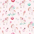 Isolated cute watercolor unicorn pattern. Nursery rainbow unicorns aquarelle. Princess unicornscollection. Trendy pink